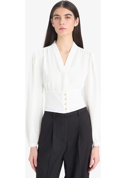 Fitted V Yaka Krep Uzun Kollu Bluz E6594AX25SP