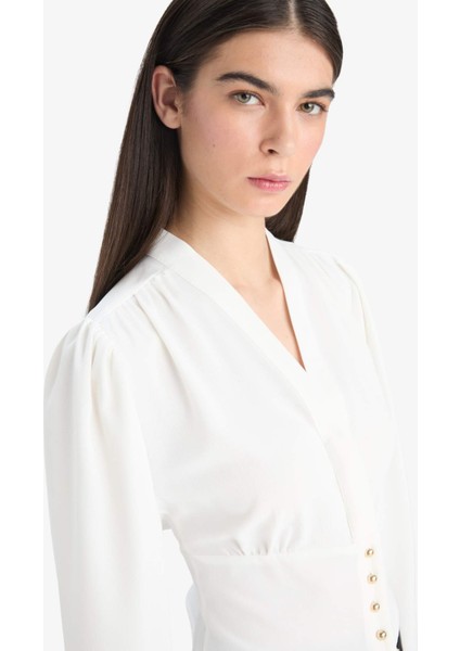 Fitted V Yaka Krep Uzun Kollu Bluz E6594AX25SP
