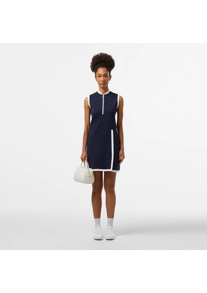 Kadın Regular Fit Kolsuz Yarım Fermuarlı Renk Bloklu Lacivert Elbise