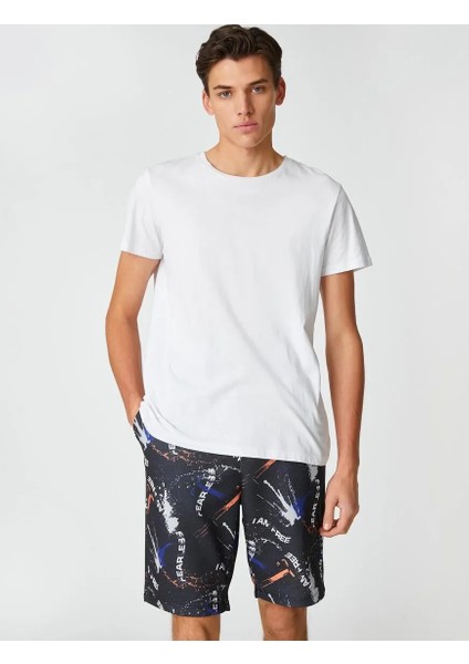 Slogan Baskılı Şort Beli Bağcıklı Cep Detaylı Dar Kesim