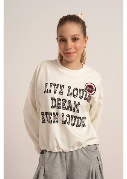 09-15 Yaş Kız Çocuk 2 Iplik Yazı Baskılı Sweat - Ekru-Siyah