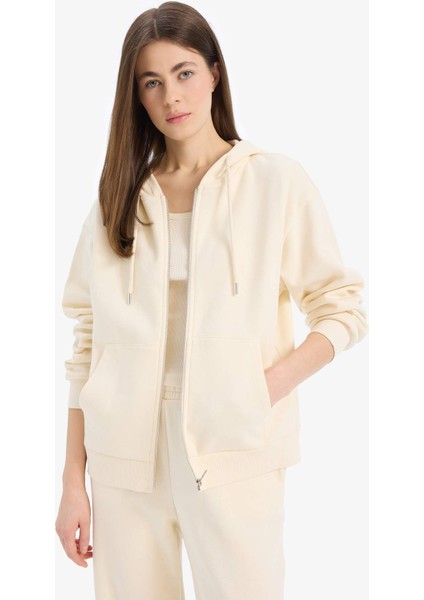 Relax Fit Kapüşonlu Cepli Basic Düz Fermuarlı Sweatshirt C1809AX25SP