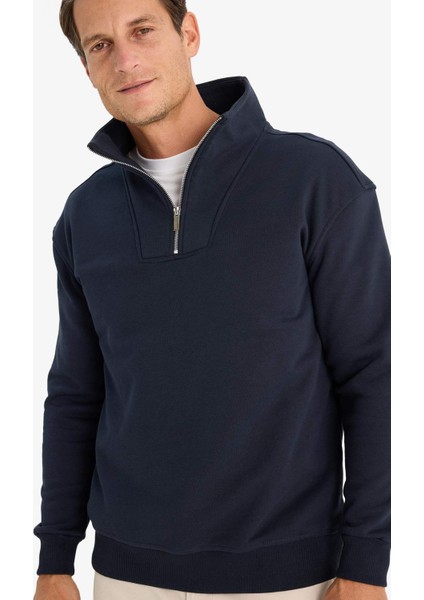 Relax Fit Dik Yaka Fermuarlı Basic Düz Kalın Sweatshirt E5332AX24WN