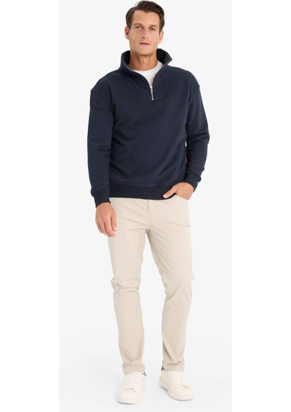 Relax Fit Dik Yaka Fermuarlı Basic Düz Kalın Sweatshirt E5332AX24WN