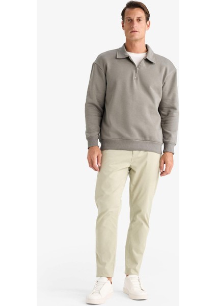 Relax Fit Polo Yaka Fermuarlı Basic Düz Kalın Sweatshirt E5333AX24WN