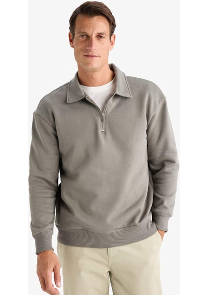 Relax Fit Polo Yaka Fermuarlı Basic Düz Kalın Sweatshirt E5333AX24WN