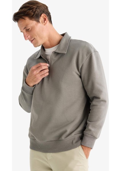 Relax Fit Polo Yaka Fermuarlı Basic Düz Kalın Sweatshirt E5333AX24WN