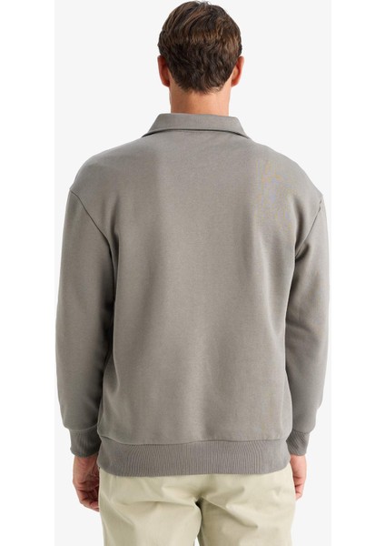 Relax Fit Polo Yaka Fermuarlı Basic Düz Kalın Sweatshirt E5333AX24WN