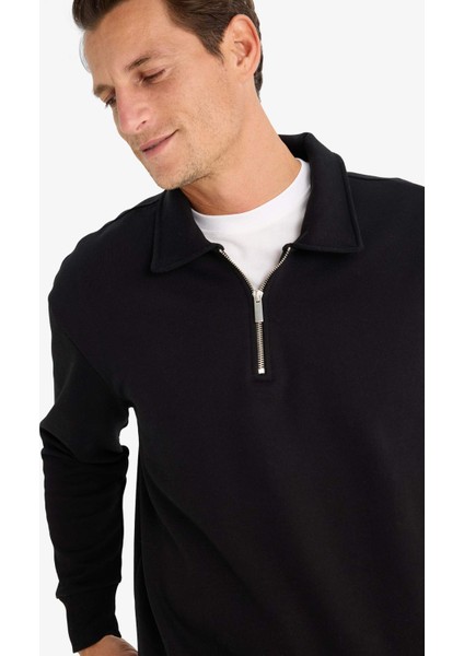 Relax Fit Polo Yaka Fermuarlı Basic Düz Kalın Sweatshirt E5333AX24WN