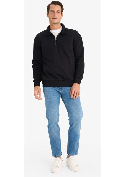 Relax Fit Polo Yaka Fermuarlı Basic Düz Kalın Sweatshirt E5333AX24WN