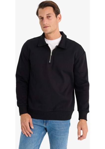 Relax Fit Polo Yaka Fermuarlı Basic Düz Kalın Sweatshirt E5333AX24WN