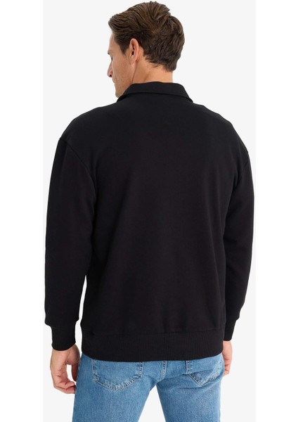 Relax Fit Polo Yaka Fermuarlı Basic Düz Kalın Sweatshirt E5333AX24WN
