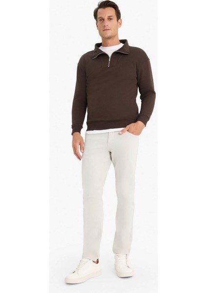 Relax Fit Dik Yaka Fermuarlı Basic Düz Kalın Sweatshirt E5332AX24WN