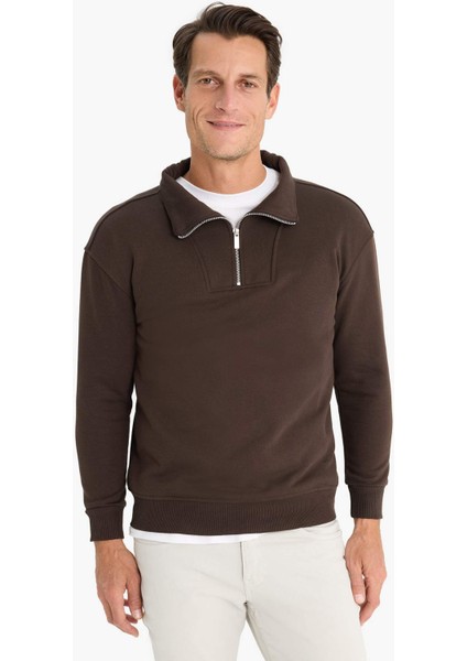 Relax Fit Dik Yaka Fermuarlı Basic Düz Kalın Sweatshirt E5332AX24WN