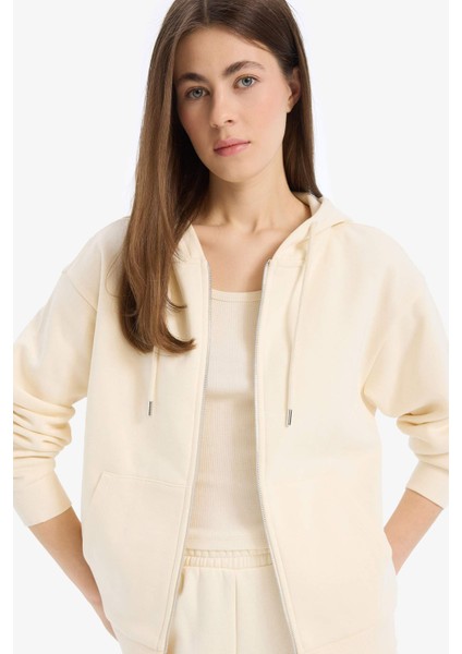 Relax Fit Kapüşonlu Cepli Basic Düz Fermuarlı Sweatshirt