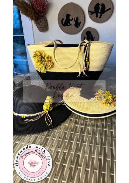Vero 3lü Takım Plaj Çantası , El Çantası Clutch, Şapka, Totebag,çanta, Yazlık, Hediyelik,