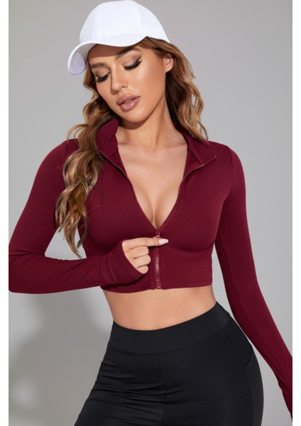 çınar ticaret kadın bordo uzun kol fermuarlı parmak geçme detaylı dik yaka crop top bluz