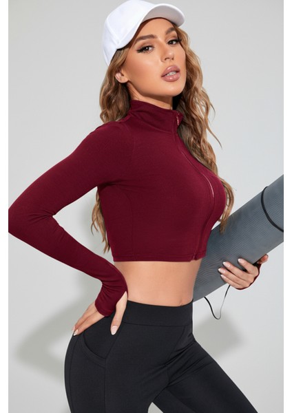 çınar ticaret kadın bordo uzun kol fermuarlı parmak geçme detaylı dik yaka crop top bluz modelleri