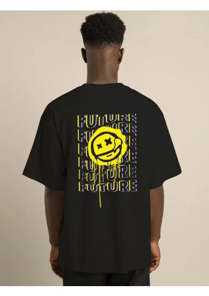 Unisex Bisiklet Yaka Baskılı Oversize T-Shirt - Siyah fırsatları