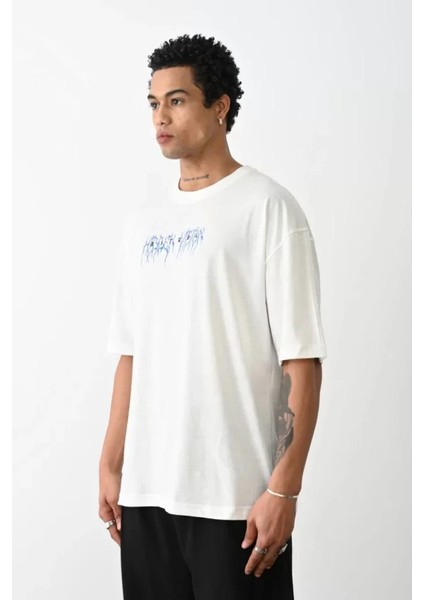 Unisex Baskılı Oversize T-Shirt - Beyaz fiyatları