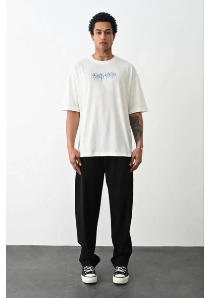 Unisex Baskılı Oversize T-Shirt - Beyaz modelleri