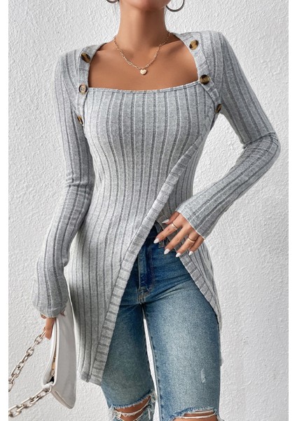 çınar ticaret kadın gri düğme detaylı kare yaka fitilli asimetrik etekli uzun kollu bluz