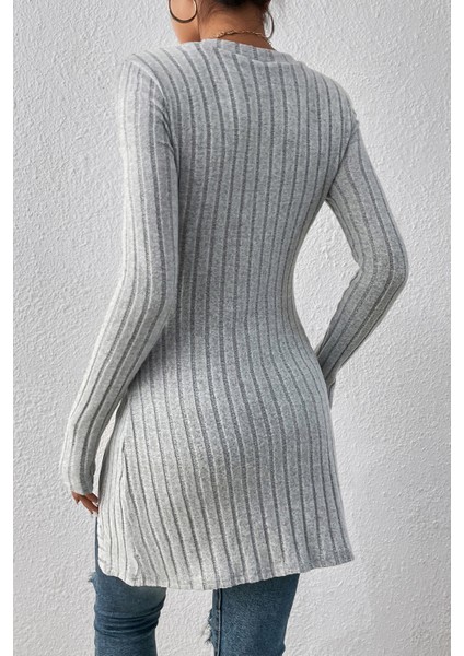 çınar ticaret kadın gri düğme detaylı kare yaka fitilli asimetrik etekli uzun kollu bluz modelleri