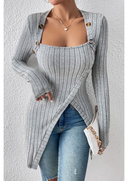çınar ticaret kadın gri düğme detaylı kare yaka fitilli asimetrik etekli uzun kollu bluz fırsatları