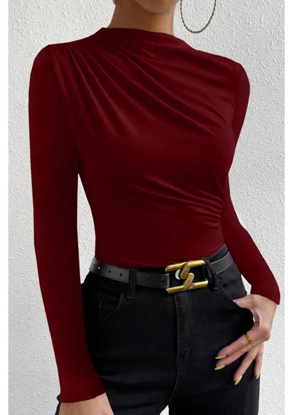 çınar ticaret kadın bordo belden ve boyundan büzgü detaylı uzun kollu bluz indirimleri