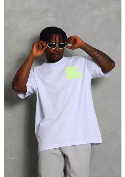 Unisex Oversize Baskılı Bisiklet Yaka T-Shirt - Beyaz modelleri