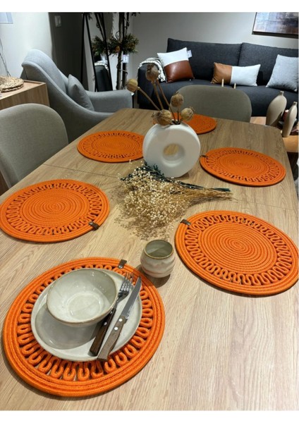 Jüt Hasır Görünümlü Amerikan Servis Sunum Takımı Yıkanabilir Isıya Dayanıklı Jüt 6turuncu Parça