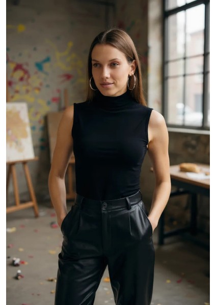 çınar ticaret kadın siyah kolsuz balıkçı yaka basic bluz