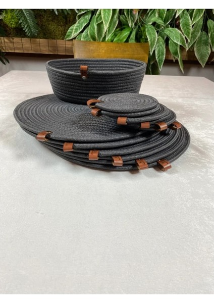 Amerikan Servis Hasır Görünümlü Jüt Bardak Altlığı Ekmeklik Takımı 13 Parça Antrasit