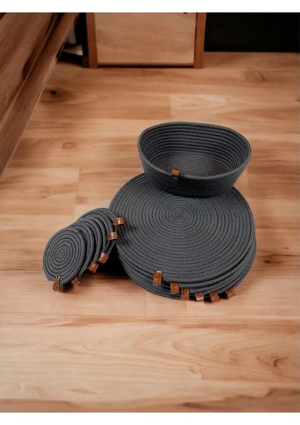 Amerikan Servis Hasır Görünümlü Jüt Bardak Altlığı Ekmeklik Takımı 13 Parça Antrasit fırsatları