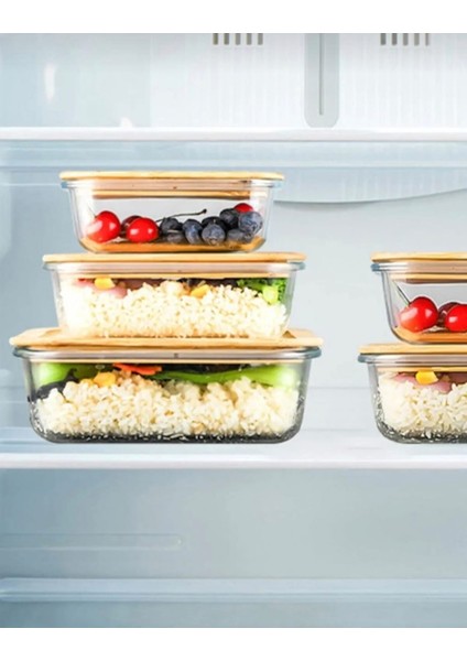 Bambu Kapaklı 3'lü Diktörtgen Vakumlu Kase Cam Saklama Kabı (370-640-1040 ml
