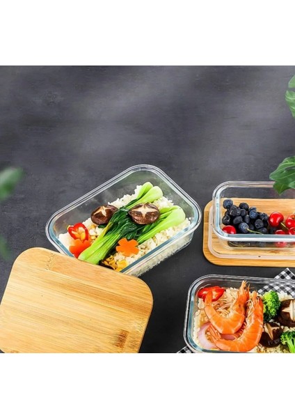 Bambu Kapaklı 3'lü Diktörtgen Vakumlu Kase Cam Saklama Kabı (370-640-1040 ml fiyatları