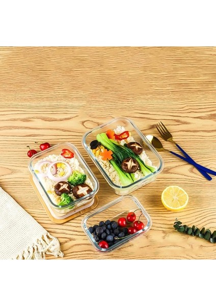 Bambu Kapaklı 3'lü Diktörtgen Vakumlu Kase Cam Saklama Kabı (370-640-1040 ml modelleri