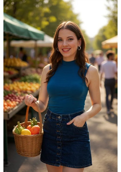 çınar ticaret kadın mavi kolsuz balıkçı yaka basic bluz fırsatları