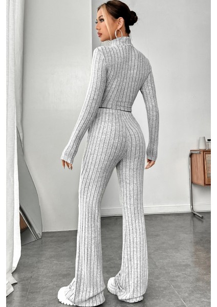 çınar ticaret kadın gri çizgili boğazlı crop top ve yüksek bel pantolon takım fiyatları