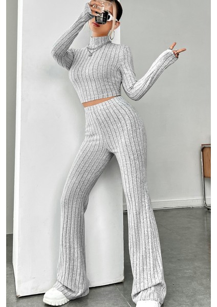 çınar ticaret kadın gri çizgili boğazlı crop top ve yüksek bel pantolon takım modelleri