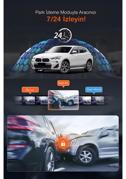 3 Kameralı Araç Kamerası Wifi / App /1080P Fhd/ 170° Ultra Geniş Açı/gece Görüş/ G-Sensörü