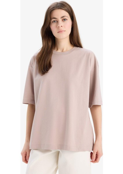 Oversize Geniş Kalıp Bisiklet Yaka Basic Düz Penye Kısa Kollu Tişört C0099AX25SP