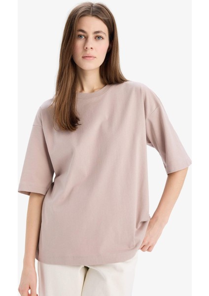 Oversize Geniş Kalıp Bisiklet Yaka Basic Düz Penye Kısa Kollu Tişört C0099AX25SP