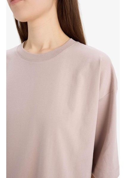 Oversize Geniş Kalıp Bisiklet Yaka Basic Düz Penye Kısa Kollu Tişört C0099AX25SP