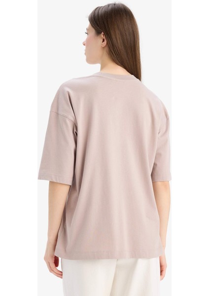 Oversize Geniş Kalıp Bisiklet Yaka Basic Düz Penye Kısa Kollu Tişört C0099AX25SP