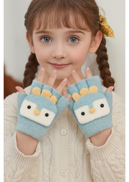 Penguen Desenli Kapaklı Kız Çocuk Peluş Parmaksız Eldiven