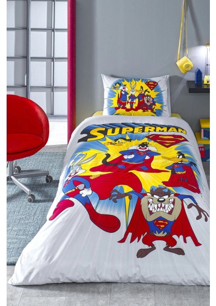 Lisanslı Fitted Çarşaflı Tek Kişilik Çocuk Nevresim Takımı-Looney Tunes Superman Sarı