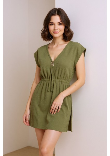 çınar ticaret kadın haki yanları yırtmaçlı tokalı v yaka mini plaj elbisesi indirimleri