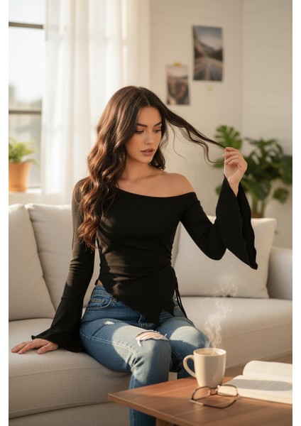 çınar ticaret kadın siyah uzun ıspanyol kollu asimetirik yaka yandan bağlamalı drapeli bluz fiyatları