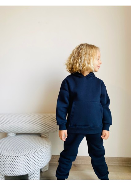 Erkek / Kız Çocuk Eşofman Takımı Kanguru Cepli Kapüşonlu 3 Iplik Şardonlu Lacivert